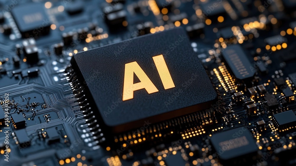 Fototapete abstract futuristic blue circuit board with ai chip and hologram letters - artificial intelligence t