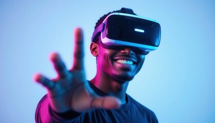 Engaging virtual reality experience with beaming smile and outstretched hand