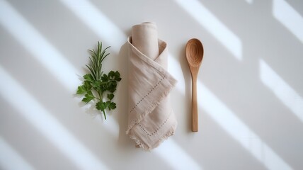 Zenith Still Life: Culinary Arrangement with Linen, Spoon, and Fresh Herbs