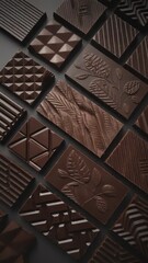 Artistic display of patterned dark chocolate bars on a dark background