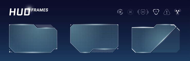 Futuristic HUD frame with transparent digital panels, sci fi cyberpunk layout and techno elements. Modern UI template for infographic, robot control screen or abstract tech poster design.