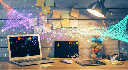 Modern workspace with laptop, tablet, and connection network overlay background