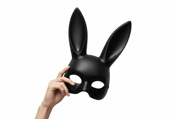 A hand holding a sleek, matte black rabbit mask with long ears and cut-out eyes against a pure white background. Ideal for BDSM gear, fetish, and costume themes.

Keywords language: English

: