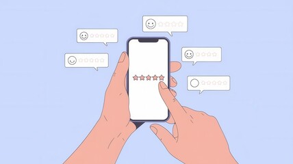 Conceptual art showcasing online reviews using a mobile device and speech bubbles