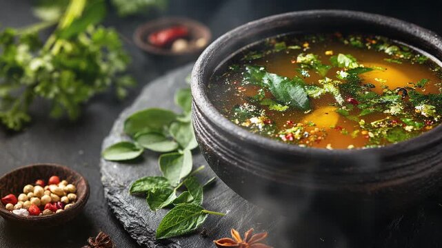 Rasam indian food on dark background with smoke