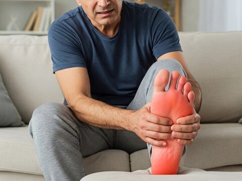 A man seated on a couch holds his foot, which is highlighted in red, indicating pain or discomfort. Ideal for themes of foot pain, injury, and health issues.
