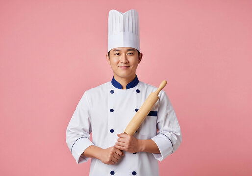 A friendly Asian male chef in a white uniform holding a rolling pin against a pink background. Perfect for baking, culinary, and food preparation content.
