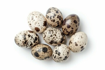 Fototapeta premium Speckled quail eggs on white background. AI generated