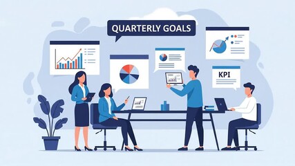 Business team analyzes quarterly goals with charts and graphs in a modern office setting.