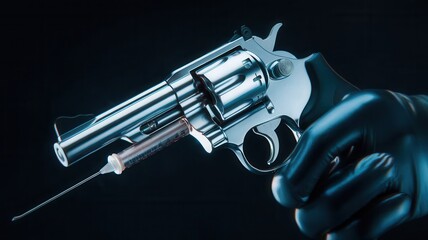 Gloved Hand Holding Revolver with Syringe: A Depiction of Serious Addiction