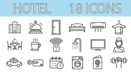 Hotel Vector Icon Set | Outline | Travel, Service, Amenities, Vacation