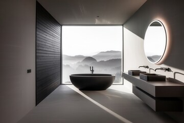Modern bathroom interior design with mountain view, luxurious tranquility