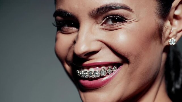 Beautiful woman smiling showing diamond grillz on teeth