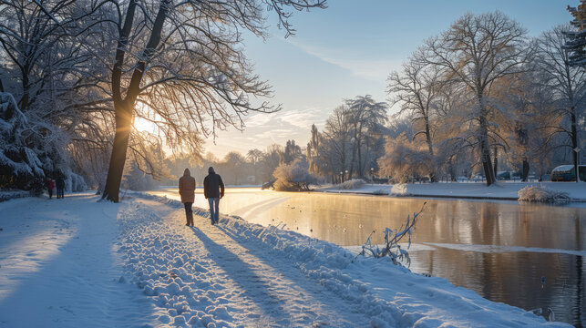 A serene winter stroll, two figures walking along a snowy path next to a reflective river during golden hour.