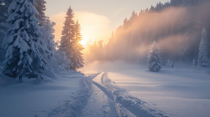Naklejka premium Snowy landscape featuring snow-covered trees, tracks, and a sunrise illuminating the winter scene.