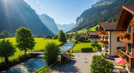 Fototapeta premium Idyllic Swiss Village: Valley View of Lauterbrunnen