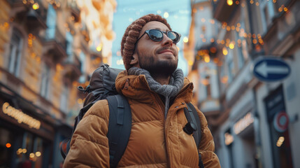 City Explorer: Man with backpack in urban setting with lights and festive atmosphere, sightseeing.