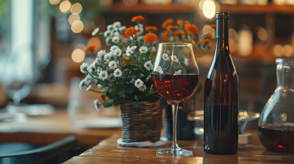 Obraz premium Elegant wine setting with a glass of red wine beside a bottle and a flower bouquet on a wooden table.
