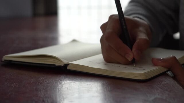 Hands writing in a blank notebook with a pen on a wooden table. Capturing notes, ideas, or journaling thoughts.
