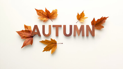 Autumn text made of wooden letters with colorful autumn leaves on a white background.