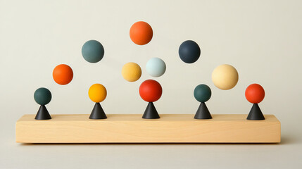 Colorful geometric spheres on wooden base in abstract arrangement.