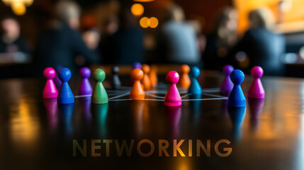 Colorful game figures symbolizing networking in business setting.