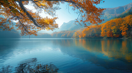 Obraz premium Tranquil autumn lake reflecting vibrant foliage with distant mountains in a serene landscape.