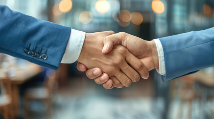 Close-up handshake between two business partners, signifying agreement, cooperation, and successful collaboration.