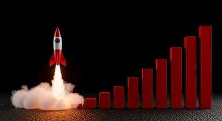A red and white rocket launching upwards with smoke, next to a rising red bar graph
