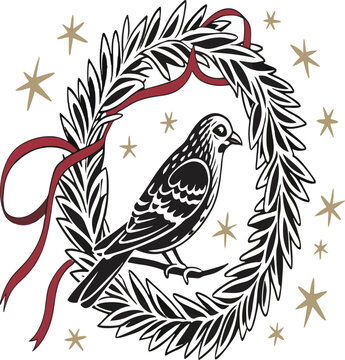 Vector illustration of a peace dove on a floral branch, embodying nature's delicate design