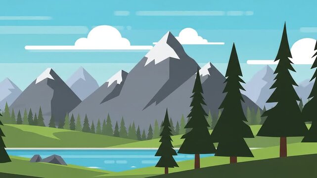 A serene landscape illustration featuring snow-capped mountains, a calm lake, and lush green trees under a blue sky with fluffy clouds.
