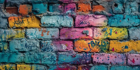 Naklejka premium Colorful Graffiti on Urban Brick Wall with Vibrant Splash of Paints in Rainbow Hues and Distinctive Textures Showcasing Modern Street Art Culture