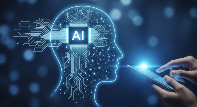 A glowing blue ai circuit board forms a human head silhouette, interacting with a smartphone