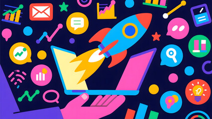 Fototapeta premium Startup Launch Rocket Soaring from Laptop Screen - Concept of Business Growth and Digital Innovation