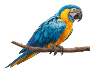 Fototapeta premium Bright Blue and Yellow Macaw Parrot Perched on Branch, Side Profile, Isolated on Transparent Background