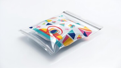 Clear plastic bag with colorful geometric pattern