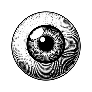 Human eyeball engraving black and white outline. Scratch board imitation.  illustrated in vintage line art style on a white background.
