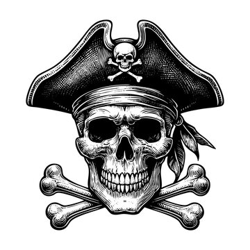 Skull wear Pirate hat sketch engraving black and white outline. Scratch board imitation.  illustrated in vintage line art style on a white background.
