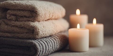 Cozy bathroom setting with stacked towels and lit candles for relaxation and spa ambiance, perfect for wellness and home decor inspiration