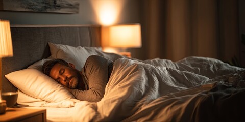 Peaceful Man Sleeping in Cozy Bedroom at Night with Warm Lighting, Soft Bedding, and Relaxing Atmosphere for Home Comfort and Sleep Themes