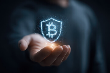 Secure wallet interface emitting Bitcoin hologram for digital finance narratives