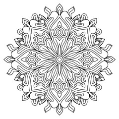 A black and white mandala flower coloring page line art