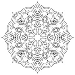 A black and white mandala flower coloring page line art