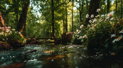 Obraz premium A tranquil forest stream with wildflowers