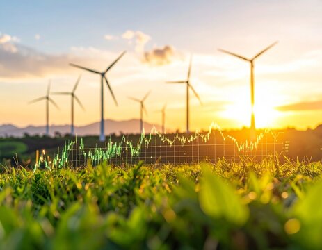 Wind turbines in a field with a financial graph overlayed, bathed in the light of a setting sun.