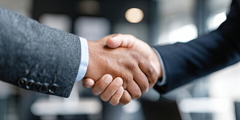 Close-up of Two Businessmen Engaging in a Professional Handshake in an Office Environment Showing Partnership and Collaboration in Modern Workplace