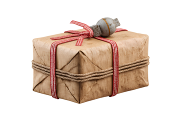 A suspicious gift bomb package tied with rope and ribbon