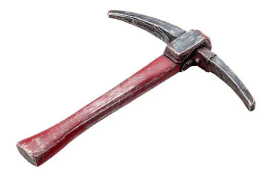 Red handled pickaxe isolated on black background