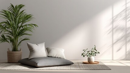 Interior with Palm Plant, Cushions, Vase, and Wall Shadow