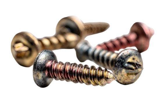 Closeup of metallic screws various colors and textures